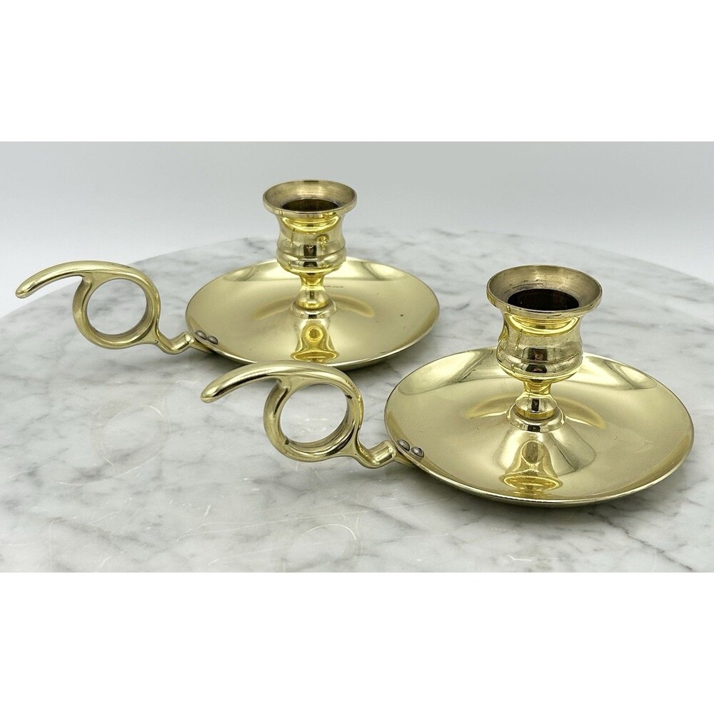 Set of 2 VTG Brass Chamberstick Candle Holders with Finger Loop Handles